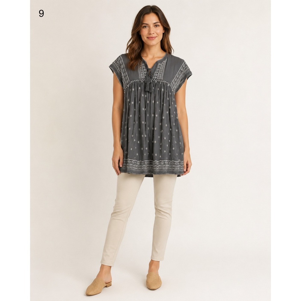 Sundance Tunic Top Womens Small Petite Gray Embroidered Sequined Pockets Tassles